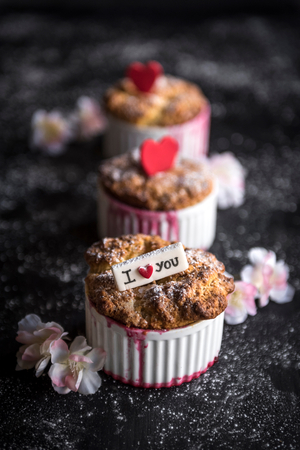 Raspebrries souffles with love signs served on the table,selective focus の写真素材