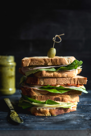Toast sandwich with pesto and ham,selective focus の写真素材