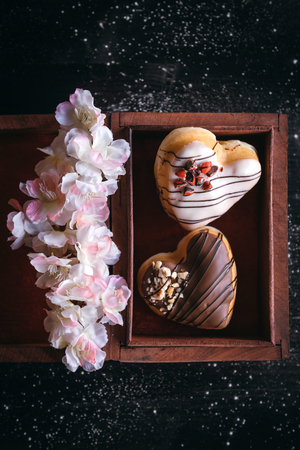 Heart shape donuts in the box,selective focus の写真素材
