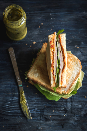 Toast sandwich slice with ham and cheese,selective focus の写真素材