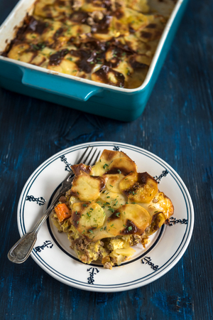 Served traditional Greek moussaka,selective focusの写真素材