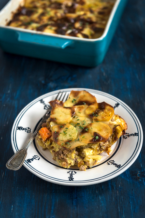 Traditional Greek moussaka served in the plate,selective focusの写真素材