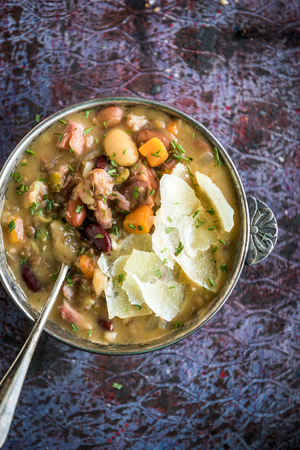 Healthy soup with beef meat and beans,selective focus の写真素材