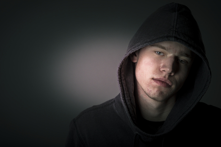Close up portrait of young man,blank spaceの写真素材