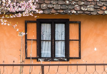 Wooden window on the old house with orange wallの写真素材
