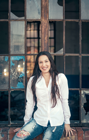 Positive female portrait outdoor,selective focusの写真素材