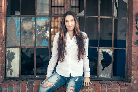 Fashion portrait of beautiful female outdoor,selective focusの写真素材