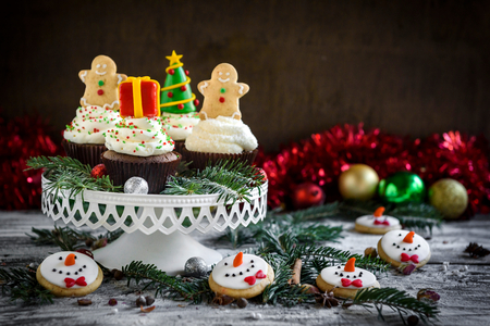 Christmas decoration on the cup cakes with blank space,selective focusの写真素材