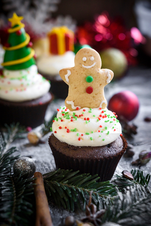 Christmas cup cake served on the table,selective focusの写真素材