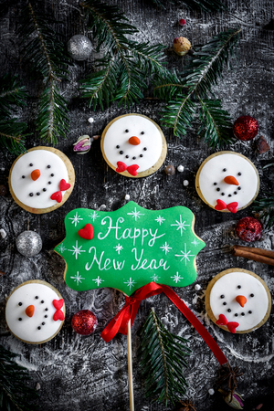 Snowman and Happy New Year cookies,selective focusの写真素材