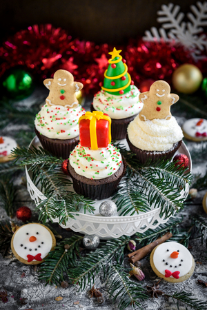 Served sweet food with Christmas decoration,selective focusの写真素材