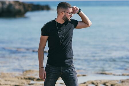 Portrait of man on the beach,selective focus の写真素材