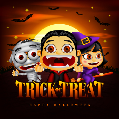 Halloween Trick or Treat Background with Funny Dracula, Mummy and Witch Character in the Midnight Illustration. Vectorのイラスト素材