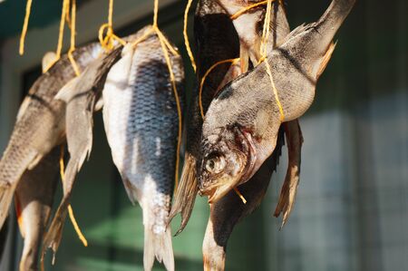 Dried fish on the rope. Salted dry river fish roach and perch on the balcony, beer snack