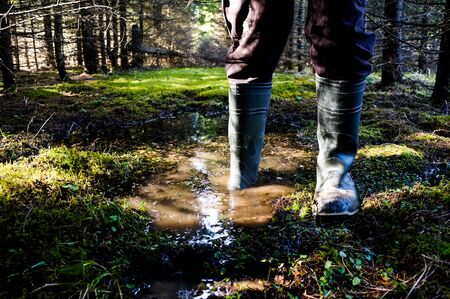a man in rubber boots in the spring forest walks through puddlesの写真素材