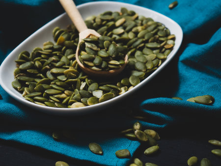 pumpkin seeds in a white bowl and wooden spoon, close-up on a black wooden background. copying text spaceの写真素材
