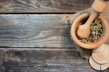 table of herbalist and healer healing herbs, alternative medicine, healer setの写真素材