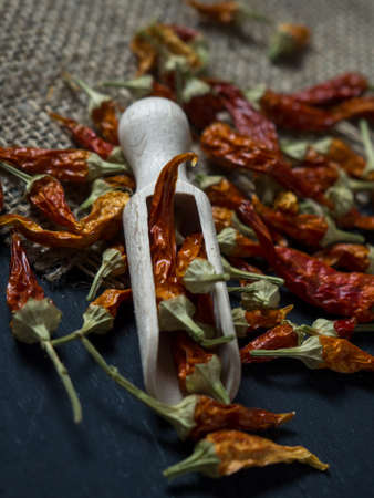 dried chili pepper on a wooden spoon on a dark background, space for textの写真素材
