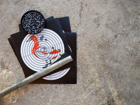 A target for shooting and the barrel of an air rifle. Shooting target with bullets and rifle barrel