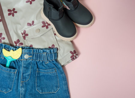 children's jeans with a toy in the pocket of a jacket and shoes, street children's clothing, fashionable outfit close-up on a pink backgroundの写真素材