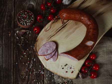 sliced sausage on a wooden board with garlic, tomatoes and pepper. Sausage and spices on an old wooden table.の写真素材