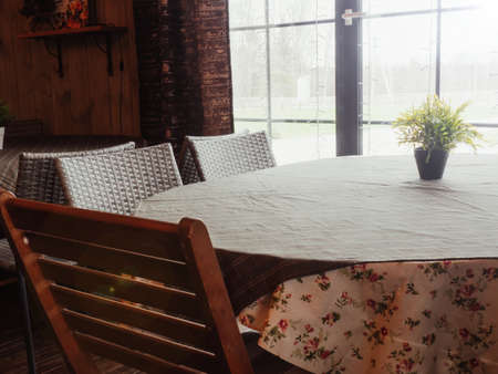 Restaurant interior with furniture during the day without peopleの写真素材