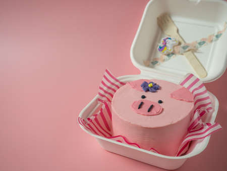 cake-lunch box with a pig's face in pink tones. place for your textの写真素材