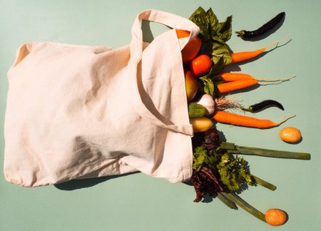Eco bag with groceries on a colored background, organic food scattering from the bag for a vegetarianの写真素材