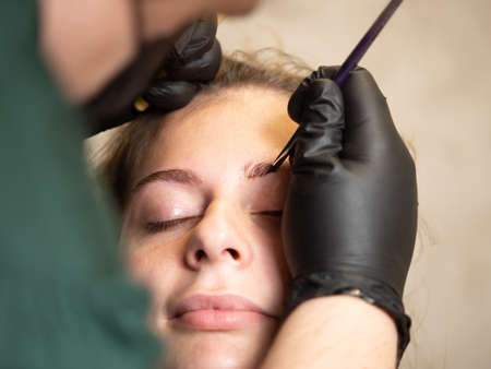 Make-up beautician applies henna paint to eyebrows. Professional face care.