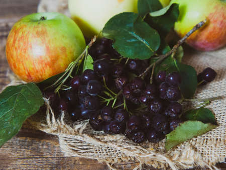black rowan and apples on a wooden table