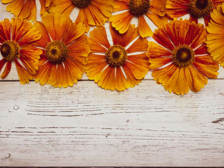 Yellow floral pattern on a white wooden table. View from above. copy space, background for postcards
