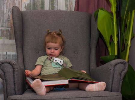 little girl leafing through a book while sitting in a chair life styleの写真素材