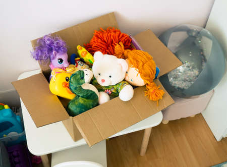 donation box with children's toys. toys for charity in the children's roomの写真素材