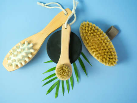 on a blue background brushes for face and body massageの写真素材