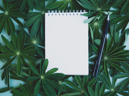 Green tropical texture with white notepad. Creative green leaf mockup, empty notepad lies on beautiful leavesの写真素材