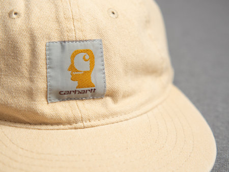 moscow. russia. 08.06.2022.Carhartt logo. Carhartt WIP brand, Carhartt logo and font close-up, cap...