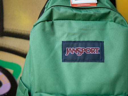 MOSCOW, RUSSIA - DECEMBER 03, 2022: JANSPORT school bag. legendary American backpack JANSPORT logo...