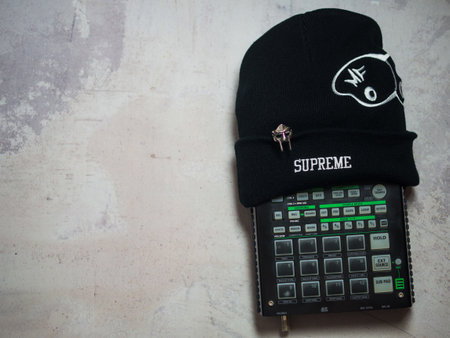 moscow russia 08 06 2023.drum machine, MF Doom mask, MF Doom Supreme hat,のeditorial素材