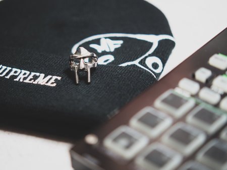 moscow russia 08 06 2023.drum machine, MF Doom mask, MF Doom Supreme hat,のeditorial素材
