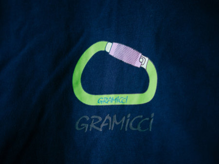 Moscow Russia 06.08.2022 .brand of popular climbing clothing, Gramicci logo close-up