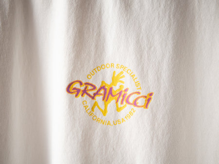 Moscow Russia 06.08.2022 .brand of popular climbing clothing, Gramicci logo close-upのeditorial素材