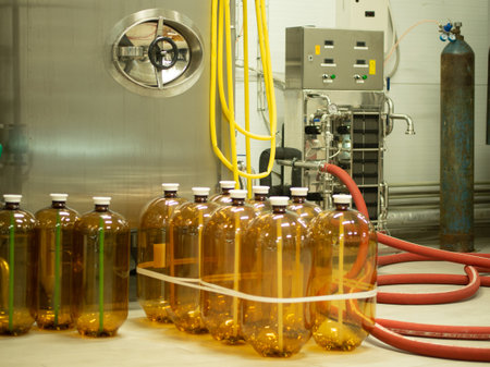 A small industry brewery's brewing tanks in a brewery that produces craft beerの写真素材