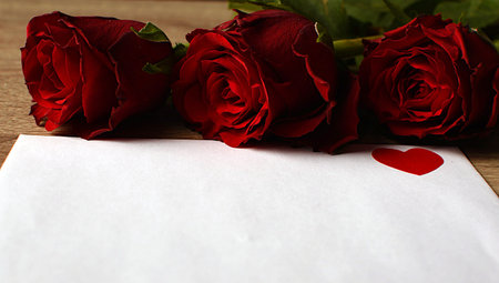 Red rose, white envelope and ribbons. Gift for loved ones