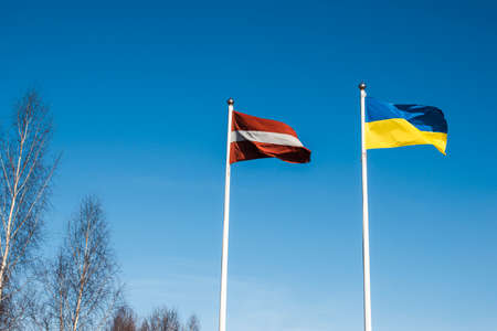 Against the backdrop of a blue sky, the Ukrainian and Latvian flags hang on two flagpoles. Symbol of support for Ukraine from Latvia and Europe.の写真素材