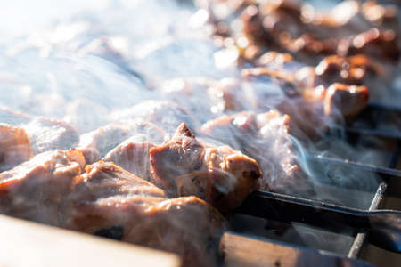 Close-up of pieces of fried meat on a skewer. Delicious, juicy, chicken and pork kebabs are grilled on skewers. On sunny day, outdoor recreation with barbecue. Smoke rises above the barbecue.の写真素材