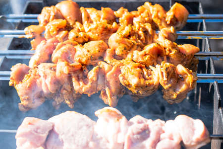 In the frame, delicious, juicy, chicken and pork kebabs on skewers are grilled on the grill. On a sunny day, outdoor recreation with barbecue. Smoke rises from the barbecue above the barbecue.の写真素材