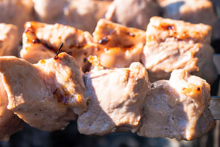 Close-up of pieces of fried meat on a skewer. Delicious, juicy, chicken and pork kebabs are grilled on skewers. On sunny day, outdoor recreation with barbecue. Smoke rises above the barbecue.の写真素材