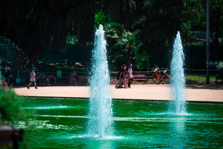 Spain, Barcelona - May 30 2022: Close-up part of the Fountain Grand Cascade. A monumental two-level fountain in a classical style with an arch and a statue of Venus in the center, located in the Ciutadella Park.のeditorial素材