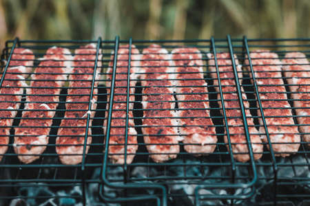 Close-up of lula kebab is fried on the grill. Picnic, cooking in nature.の写真素材