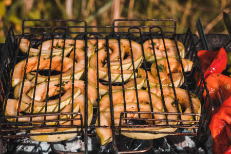 Close-up of pickled green zucchini grilled. Picnic, cooking in nature. Grilling vegetables, healthy food.の写真素材